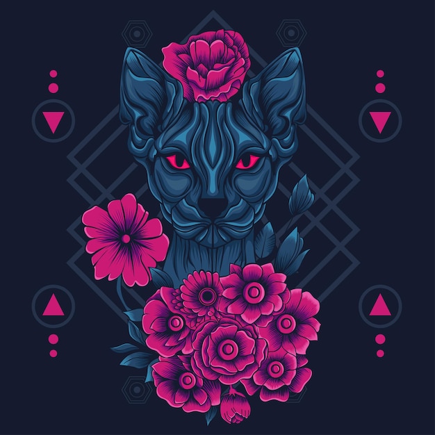 Gato floral con fondo de geometría sagrada