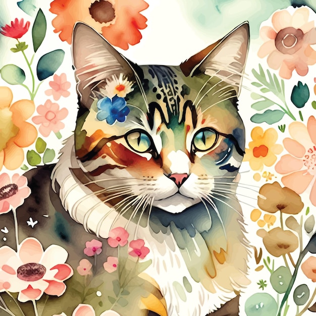 Vector gato con flores