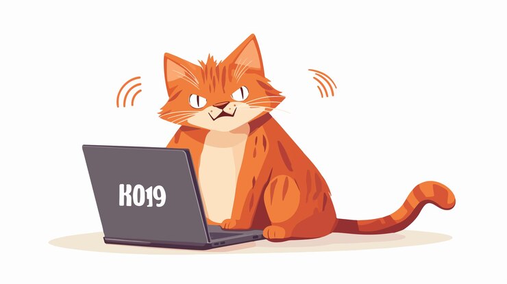 Vector gato frustrado sentado junto a la computadora portátil en el cartel de error 404