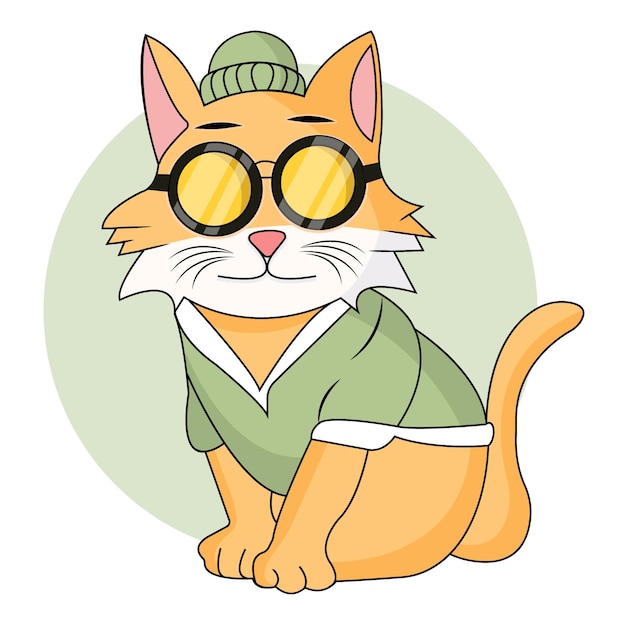 Un gato con gafas y una camisa verde se sienta sobre un fondo blanco.