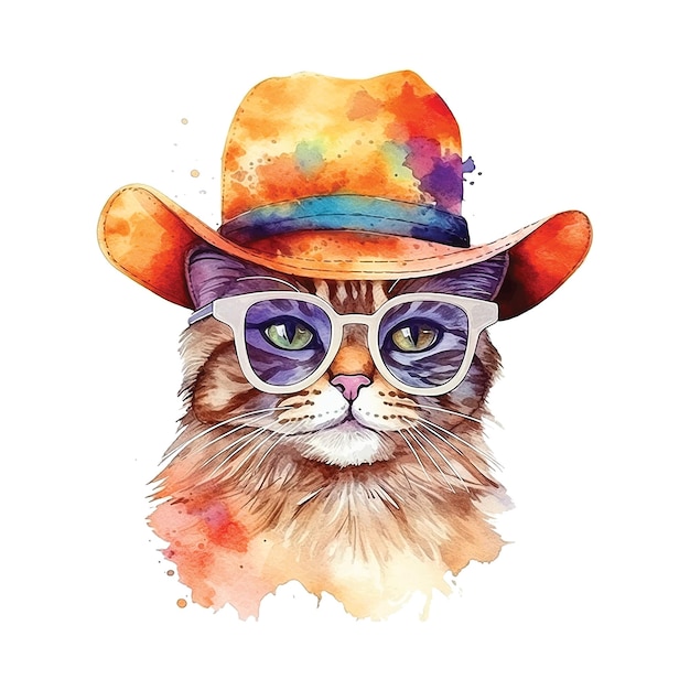 Gato con gafas de sol y gorra con pintura de acuarela.