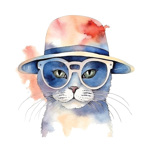 Gato con gafas de sol y gorra con pintura de acuarela.