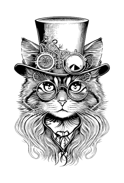 Vector gato con gafas y sombrero logo steampunk