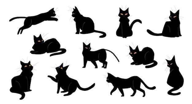 Gato gatito negro de dibujos animados sentado y caminando de pie o saltando poses de gatito juguetón raza de mascotas de pelo corto con ojos amarillos colección de siluetas de animales domésticos conjunto de vectores