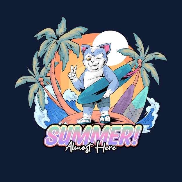 Gato gatito en vacaciones de verano playa piscina mar Ilustración vector premium