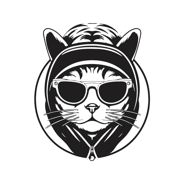 Gato genial con anteojos y sudadera con capucha concepto vectorial arte digital ilustración dibujada a mano
