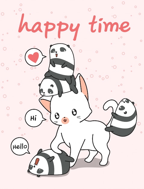 Gato gigante y pequeños pandas.