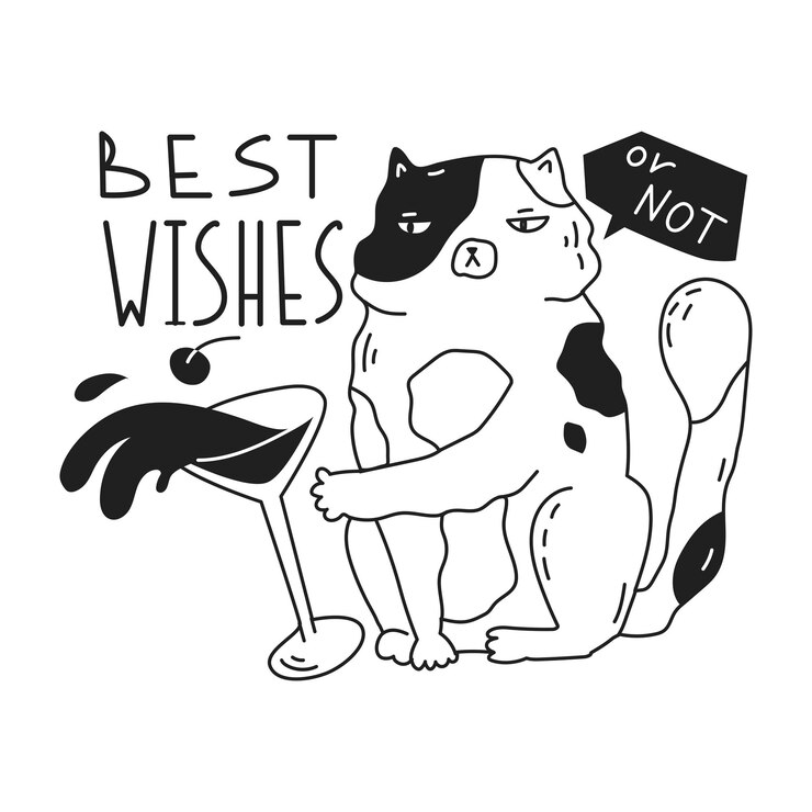 Vector el gato golpea una copa de martini con su pata los mejores deseos o no cita pegatina de año nuevo con gato gracioso tarjeta de felicitación para fiesta estilo plano en ilustración vectorial objeto aislado
