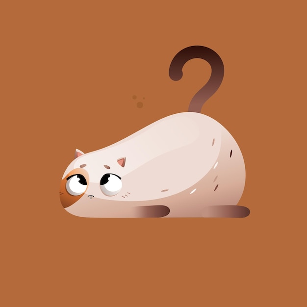 El gato gordo de dibujos animados beige miente con una cola en forma de signo de interrogación. imágenes prediseñadas vectoriales.