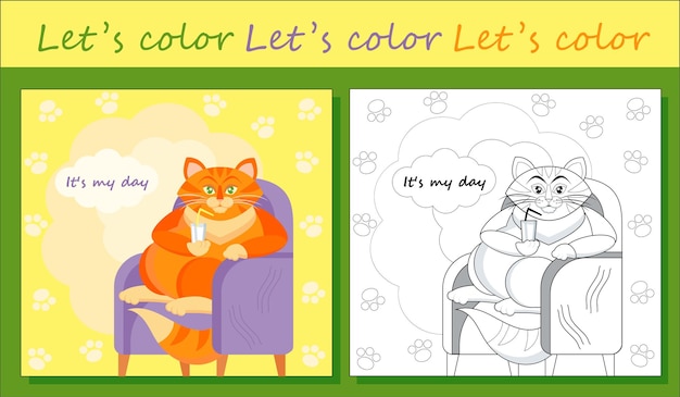 Gato gordo sentado en una silla personaje de dibujos animados para colorear página del libro