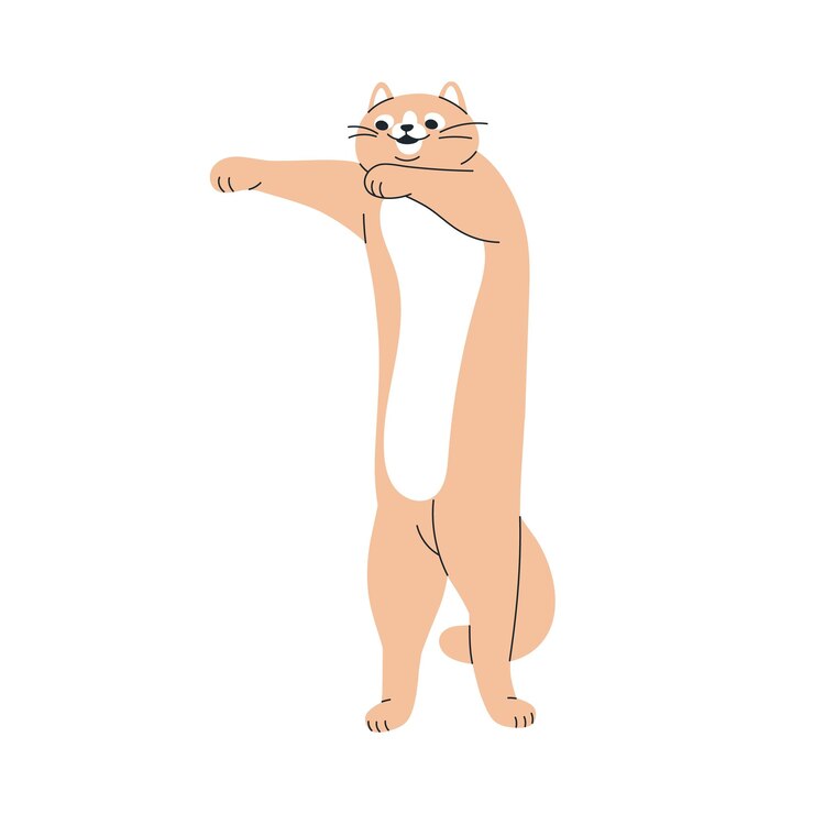 Vector gato gracioso lindo que va a bailar en las patas traseras feliz animal felino alegre divertido adorable gatito alegre divirtiéndose regocijándose ilustración vectorial gráfica plana cómica aislada en fondo blanco