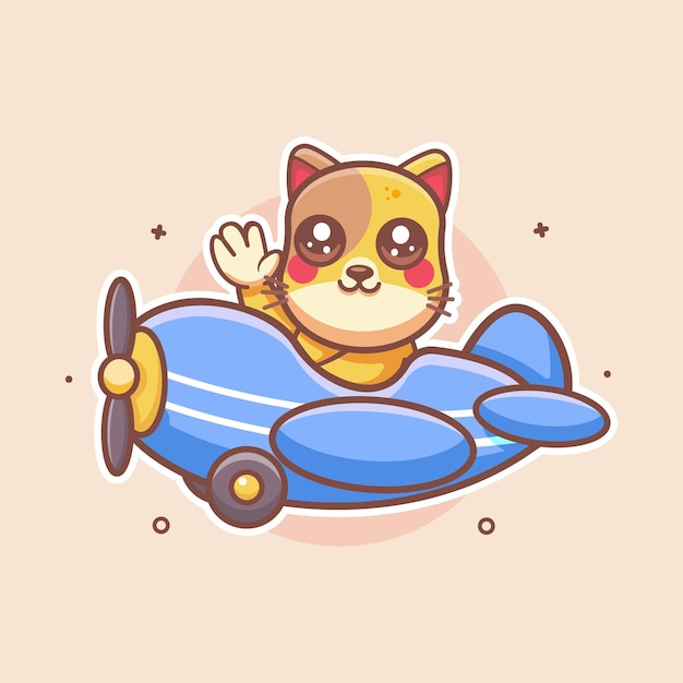 gato gracioso personaje animal mascota volando un avión dibujos animados aislados