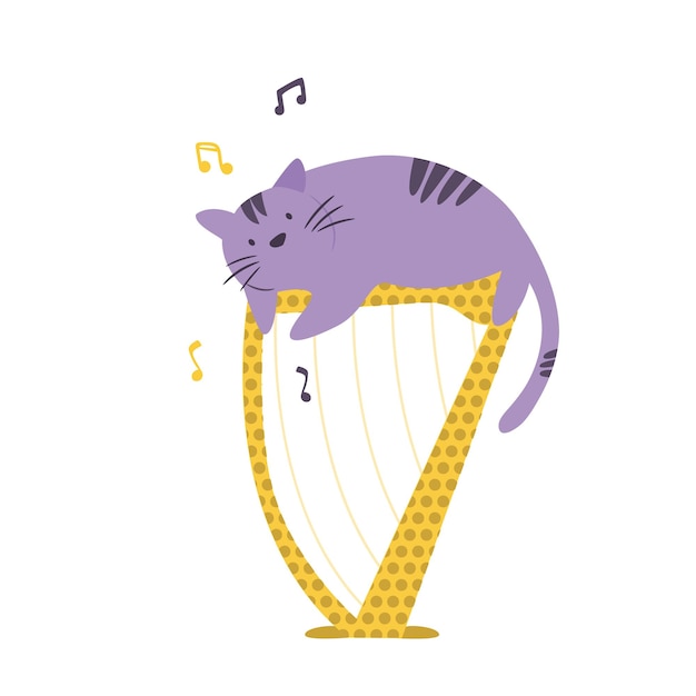 Gato gracioso tocando el arpa Ilustración vectorial