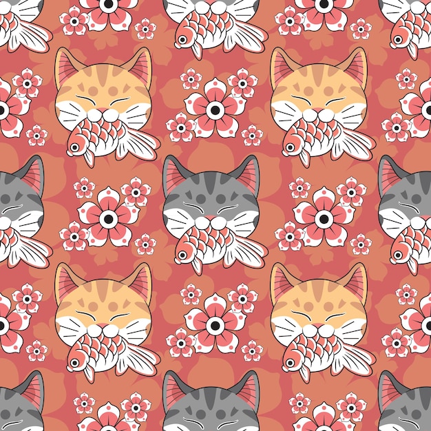 Vector el gato gris y naranja de estilo japonés está mordiendo un pez koi con flores diseño de patrón inconsútil