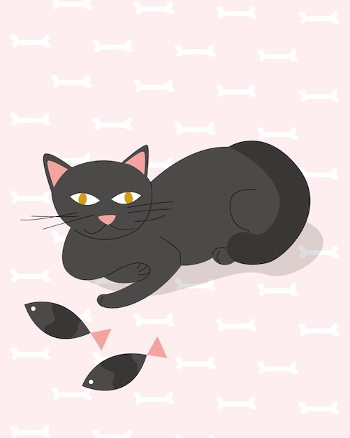 Gato gris sobre el fondo de un patrón rosa con huesos. ilustración vectorial