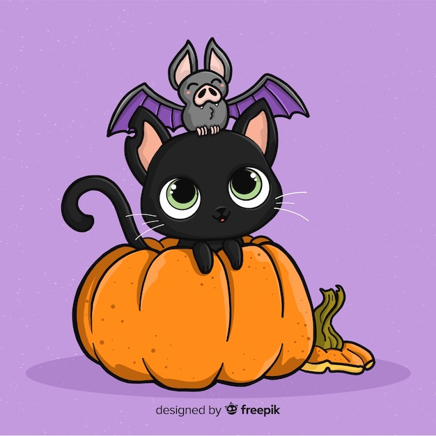 Gato de halloween adorable dibujado a mano