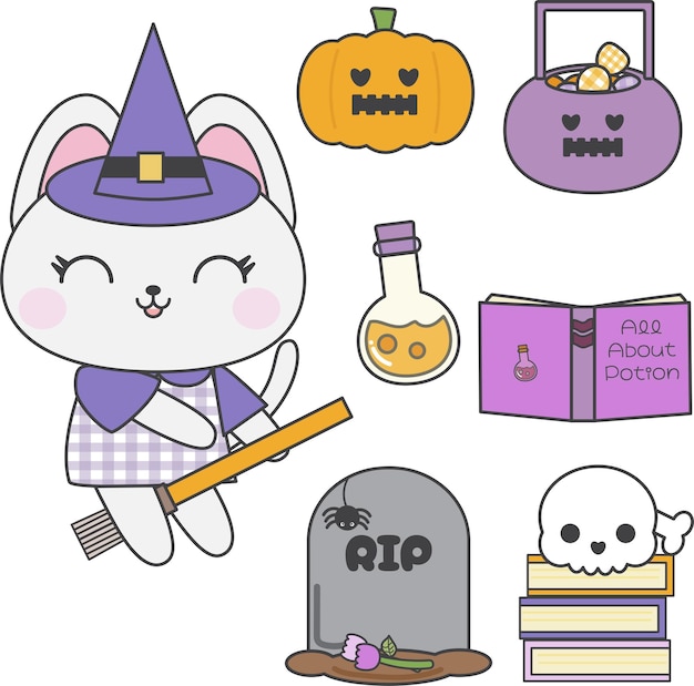 Vector gato de halloween con calabaza cesta de dulces libro de pociones libros de la tumba calavera