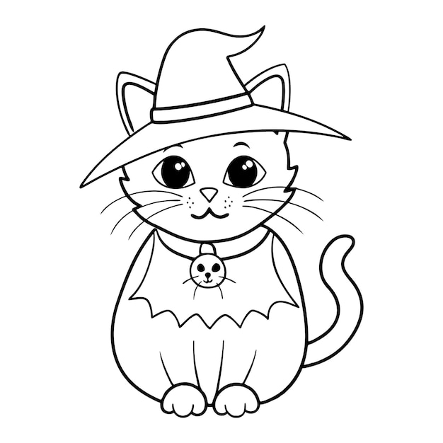 Gato de Halloween Página para colorear Vector de gato de Halloween en blanco y negro