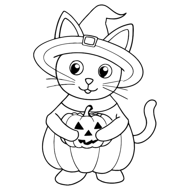 Gato de Halloween Página para colorear Vector de gato de Halloween en blanco y negro