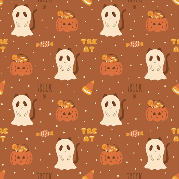 Gato de Halloween vestido con un disfraz de fantasma Caramelos patrón sin costuras de halloween Fiesta de Halloween Niños lindos ilustración textura para tela envoltura textil papel tapiz ropa Vector fondo