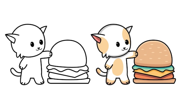 Gato con hamburguesa página para colorear para niños