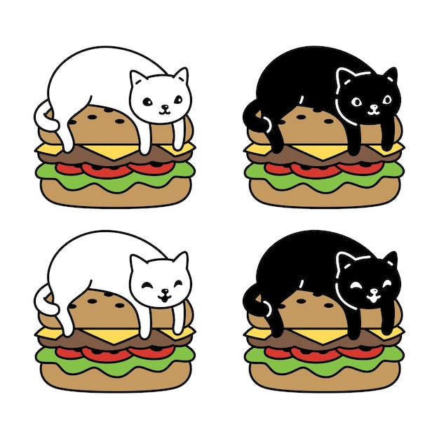 Gato icono hamburguesa gatito calico personaje dibujos animados ilustración