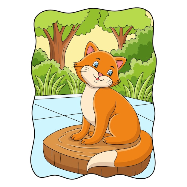 Gato de ilustración de dibujos animados posando fresco en un tronco en el patio