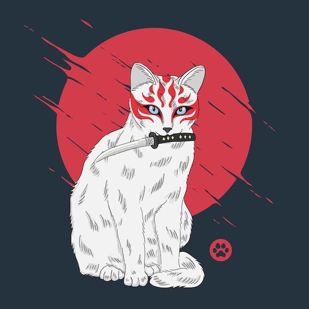 Gato con ilustración de máscara kitsune en estilo japonés