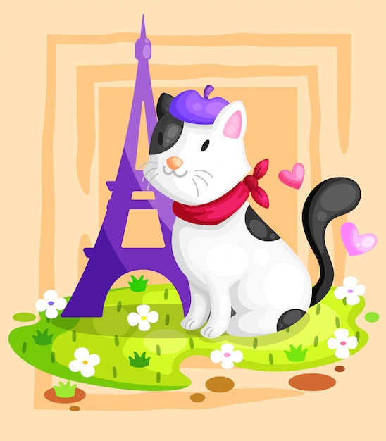 Vector gato en la ilustración de la torre eiffel