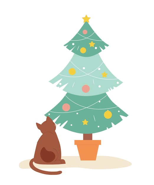 Gato de invierno con árbol de navidad