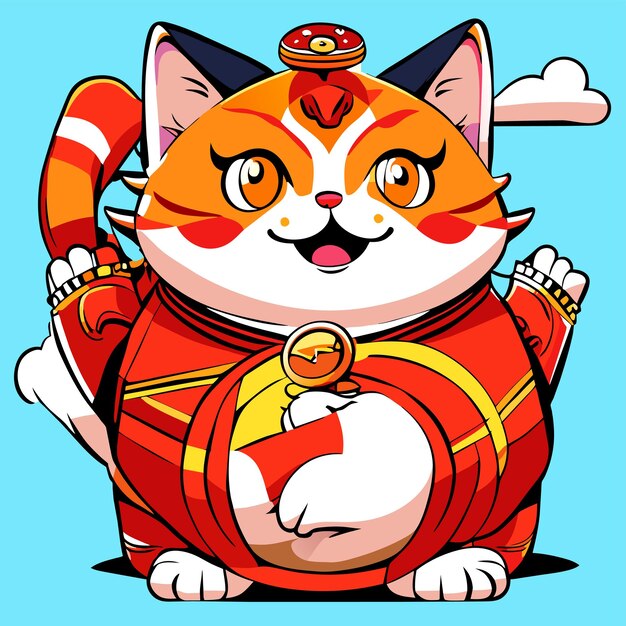 Gato japonés gordo maneki neko dibujado a mano dibujos animados pegatina icono concepto aislado ilustración