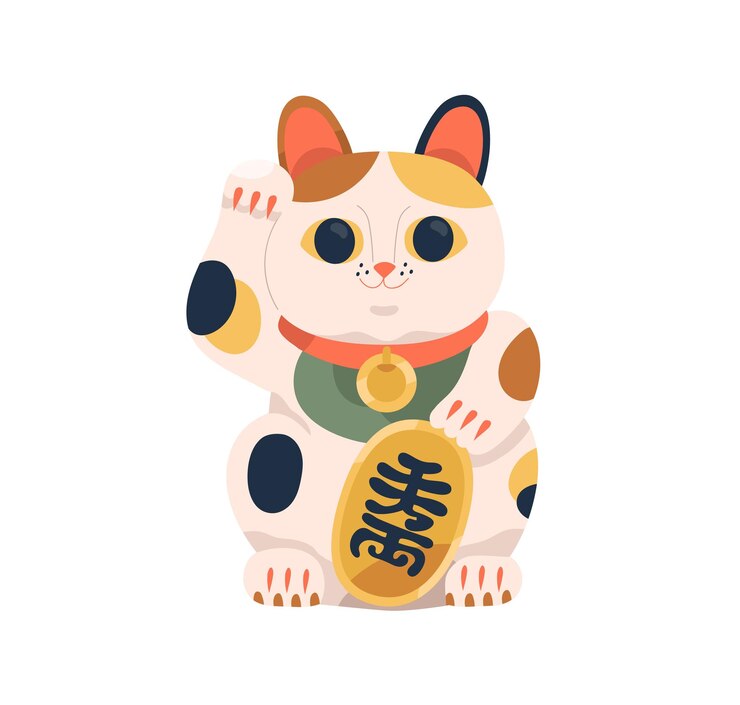 Vector gato japonés maneki-neko. estatuilla asiática con moneda para la suerte en los negocios, el dinero y la fortuna. gatito chino de juguete con la pata derecha levantada que hace señas. ilustración de vector plano aislado sobre fondo blanco.
