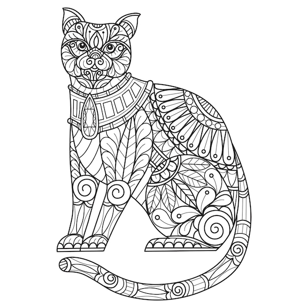 Vector gato y joyería dibujados a mano para libro de colorear para adultos