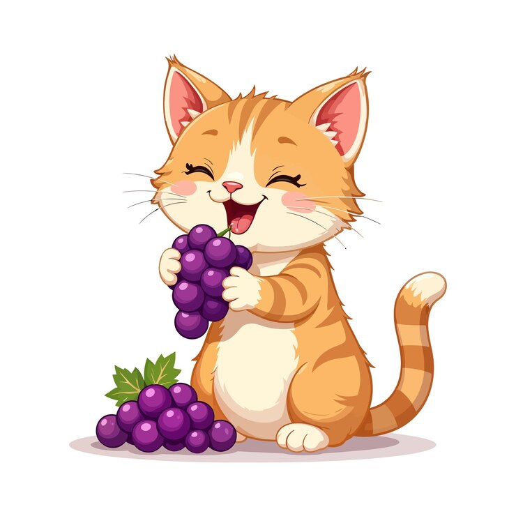 Vector un gato juguetón con un icono vectorial de uvas comiendo diseño de clip