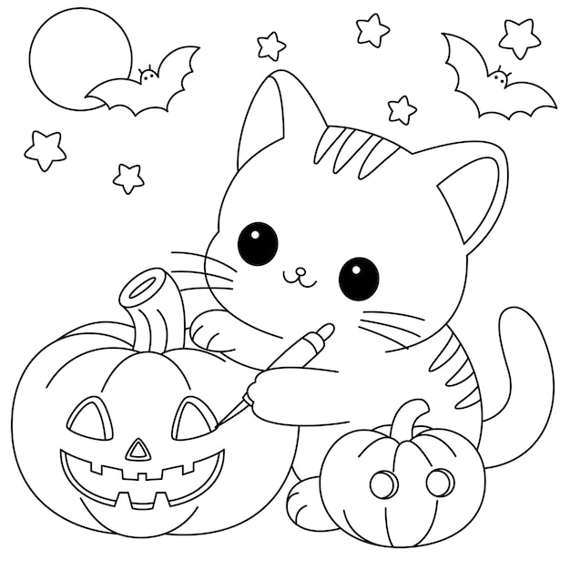 El gato juguetón talla calabazas para Halloween página de colorear