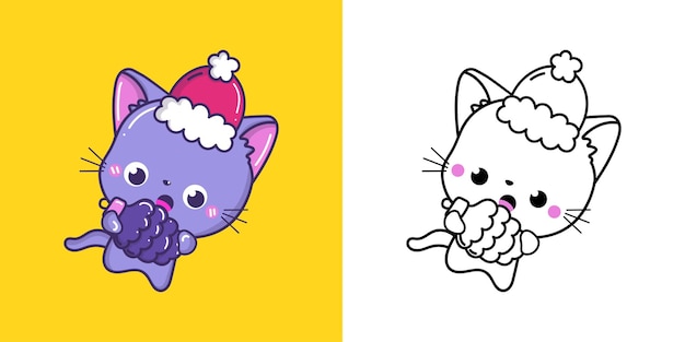 Gato kawaii de año nuevo para colorear página e ilustración adorable mascota navideña de imágenes prediseñadas