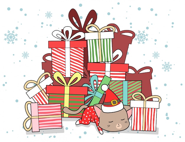 Gato kawaii y muchos regalos en Navidad