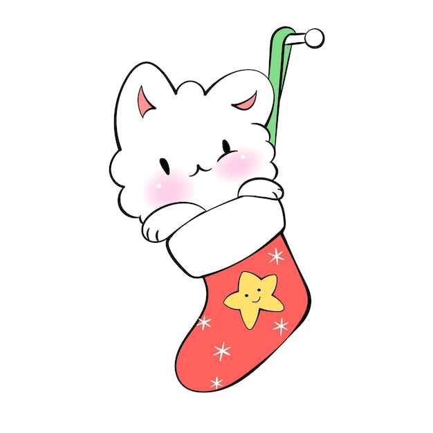 Gato kawaii de navidad con calcetín etiqueta engomada del vector de alegría navideña para messenger