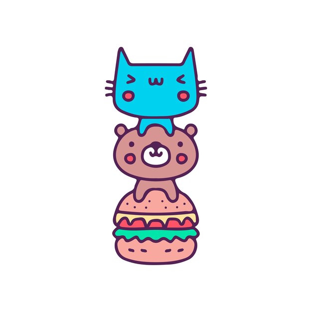 Gato kawaii y oso con hamburguesa, ilustración para camisetas, pegatinas o prendas de vestir.