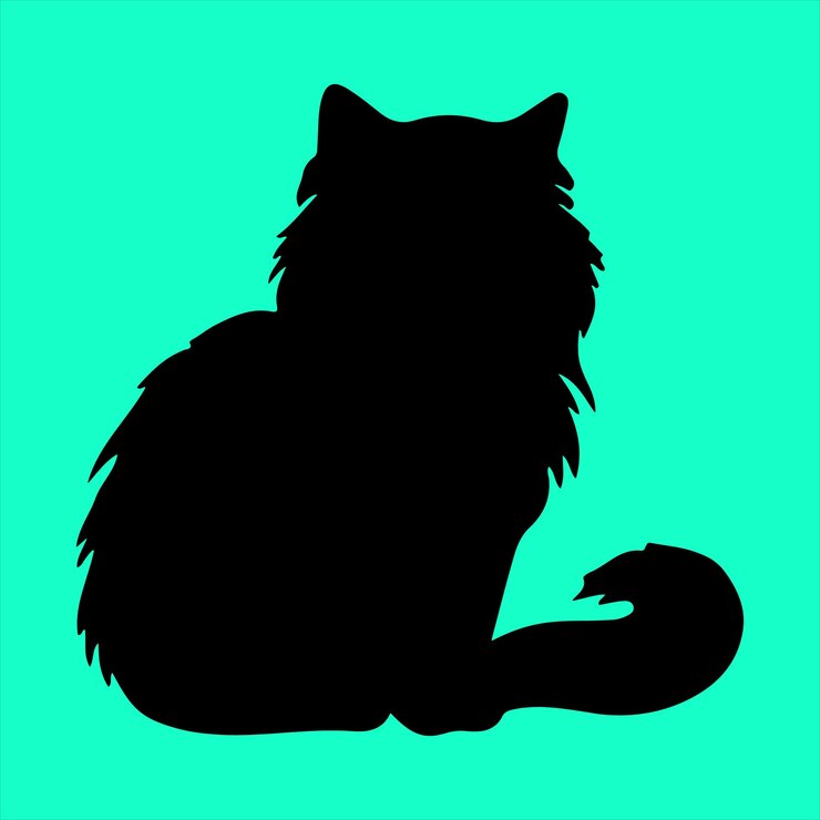 un gato con una larga cola se sienta frente a un fondo azul