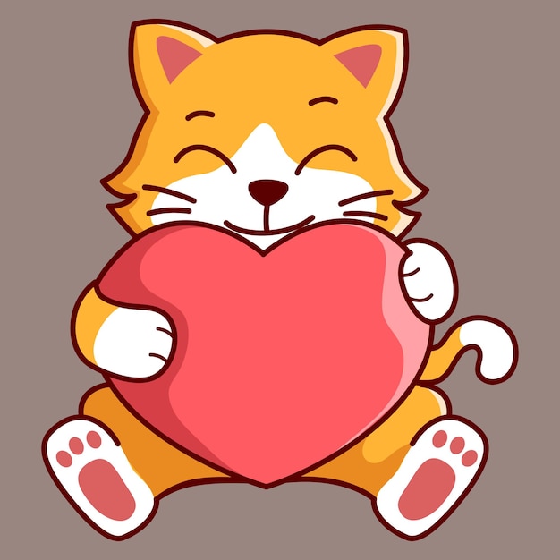 un gato lindo abrazando el corazón Vector Ilustración Icono Estilo de dibujos animados plano