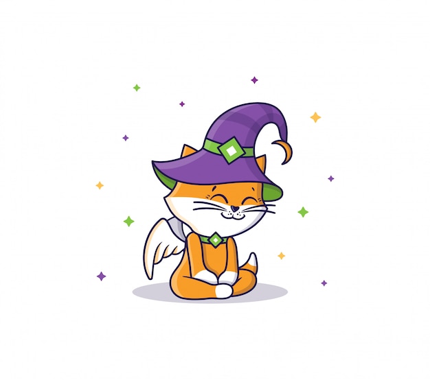 El gato lindo bebé un ángel sentado con sombrero por la noche. vector ilustración de halloween kitt