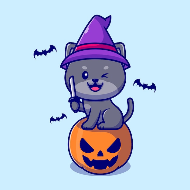 Gato lindo de la bruja que se sienta en la ilustración de la historieta del cuchillo de la explotación agrícola de halloween de la calabaza.