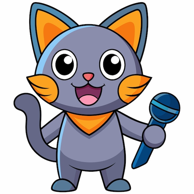Gato lindo cantando con micrófono Icono vectorial de dibujos animados Ilustración Icono de música de animales Concepto aislado Estilo de dibuyos animados plano vectorial premium