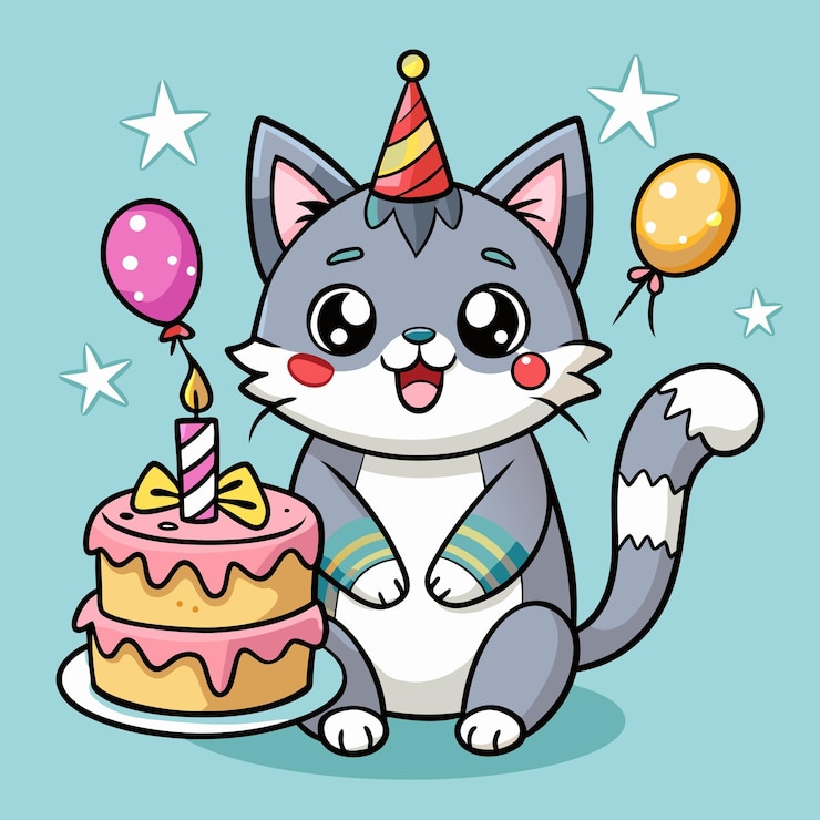 Vector gato lindo celebrando su cumpleaños con un vector de dibujos animados de pastel