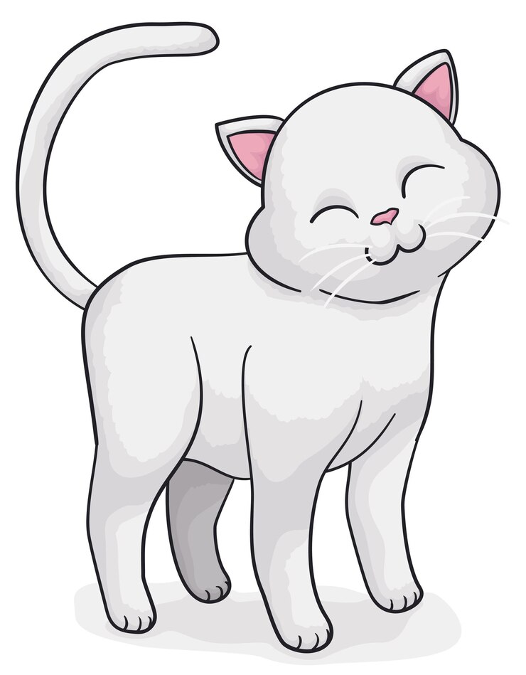 Vector gato lindo con la cola de pelaje blanco levantada y la expresión linda aislada en estilo de dibujos animados