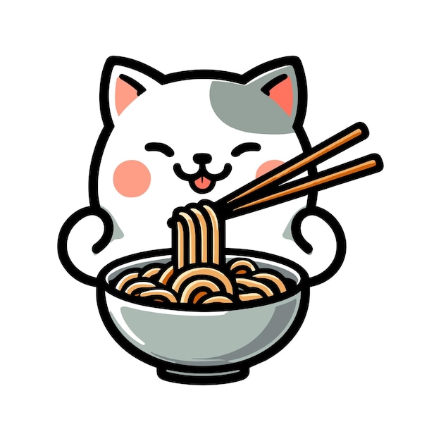 un gato lindo comiendo fideos de ramen ilustración vectorial de dibujos animados