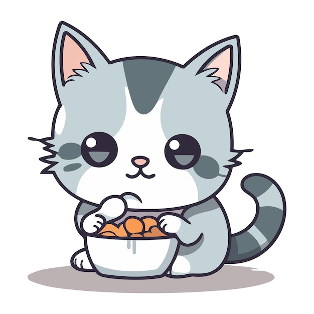 Vector gato lindo con un cuenco de comida personaje de dibujos animados ilustración vectorial diseño gráfico