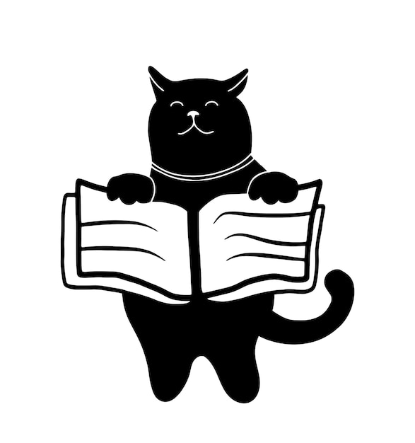 Gato lindo dibujado a mano con icono de garabato de libro aislado sobre fondo blanco Concepto de hobby de lectura vectorial simple Plantilla de diseño de logotipo de biblioteca