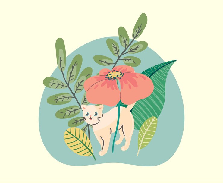 Gato lindo dibujado a mano entre plantas Diseño de tarjeta bonita dibujo simple con un gatito entre flores y hojas Ilustración vectorial